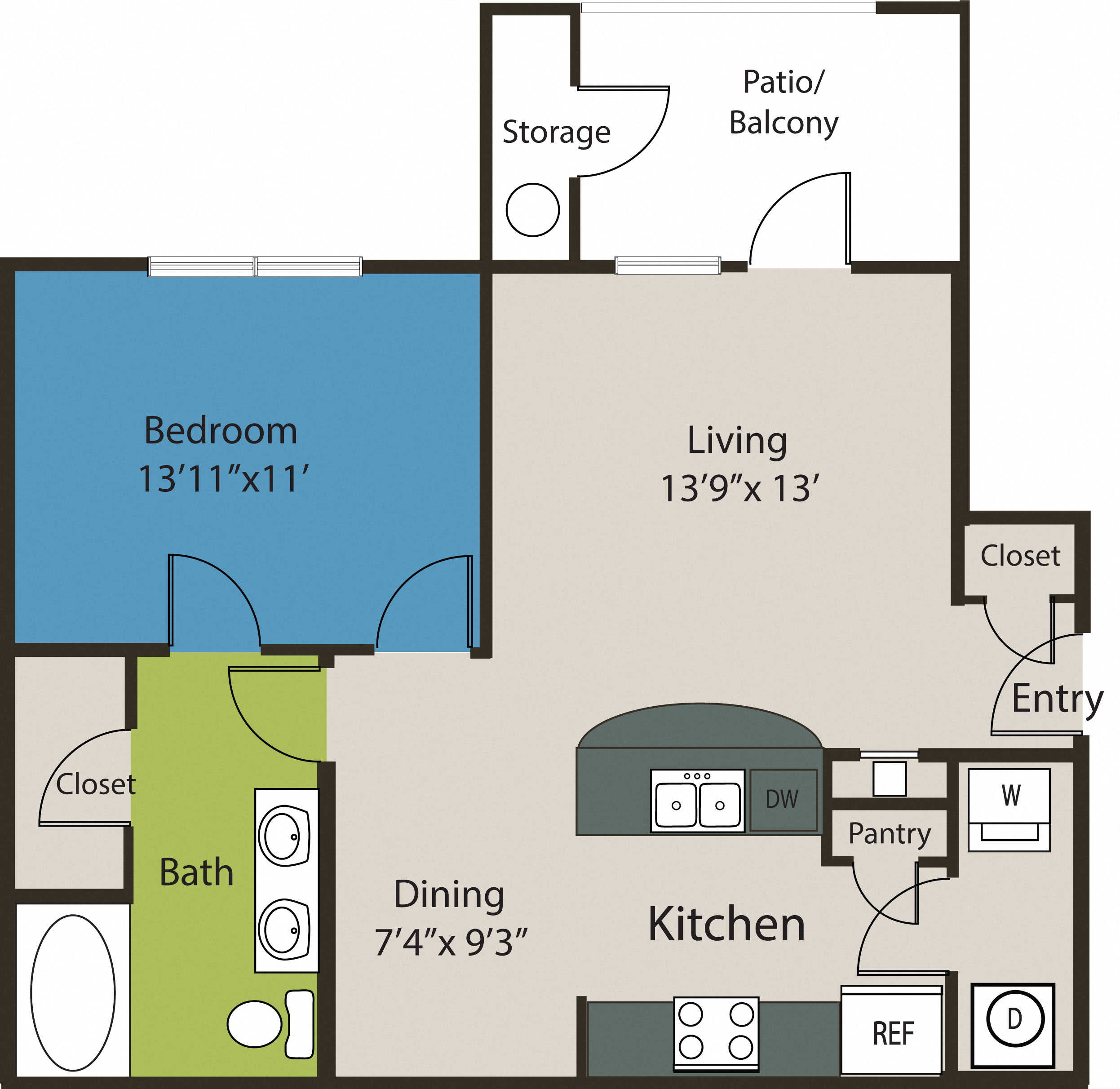 Floor plan for 1 bed, 1 bath, 778 sqft